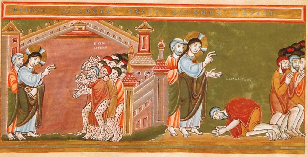 Illustration: Heilung der zehn Aussätzigen – Echternacher Kodex, 11. Jh.